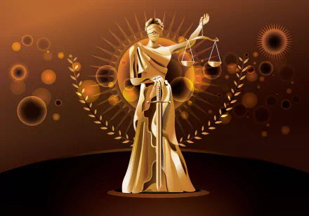 Man-made golden Lady Justice statue on an HD PC desktop wallpaper background, blindfolded and holding scales amid laurel wreath and radiant sunburst motifs on a warm brown field.