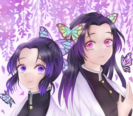 Kanae and Shinobu Kochou from Demon Slayer: Kimetsu no Yaiba in anime 2K Quad HD PC desktop wallpaper, framed by wisteria and fluttering butterflies.