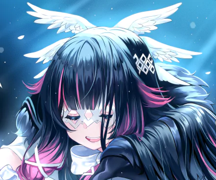 Columbina (Genshin Impact video game) close-up: blue-black hair with pink streaks, diamond face markings and white feathered wings on a glowing blue background — 4K Ultra HD PC desktop wallpaper.