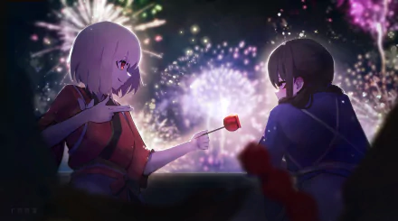 Anime characters Takina Inoue and Chisato Nishikigi from Lycoris Recoil share a moment under a vibrant fireworks display. This HD desktop wallpaper captures a beautifully lit night scene.