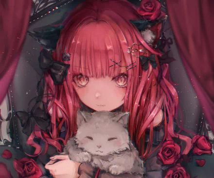 Rin Kaenbyou (Touhou) anime portrait: red-haired nekomata with cat ears cradling a fluffy white cat amid roses and curtains — 2K Quad HD PC desktop wallpaper/background.