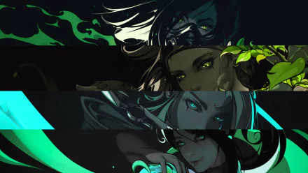 HD Valorant PC desktop wallpaper featuring stylized portraits of four characters in dynamic green and blue tones, capturing the video game's intense and vibrant aesthetic.