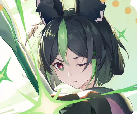 HD PC desktop wallpaper featuring Tighnari from the video game Genshin Impact, showcasing his distinct green and black hair and red eyes in detailed artwork.