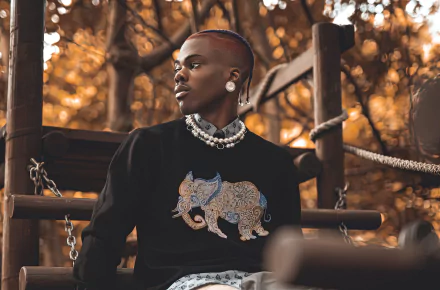 A stylish individual wearing a black sweater with an elephant design, adorned with pearls, poses on a swing under warm autumn foliage, embodying a captivating music-inspired vibe.