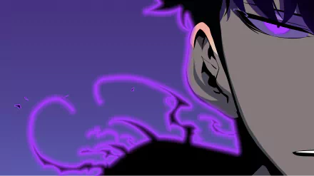 HD anime wallpaper featuring Sung Jin-Woo from Solo Leveling with intense purple shadows and glowing eyes against a dark background.