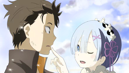 Rem (Re:Zero) winks and taps Subaru Natsuki's nose beneath a bright sky — 2K Quad HD anime PC desktop wallpaper/background from Re:Zero - Starting Life in Another World.