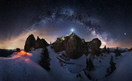 HD desktop wallpaper capturing a starry night sky over snowy mountains with a camper's light glowing beneath the Milky Way, blending nature and night photography.