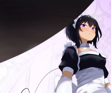 HD PC wallpaper of Lilith (My Recently Hired Maid Is Suspicious): anime maid with purple eyes in a black-and-white uniform gazing upward against a pale, patterned background.