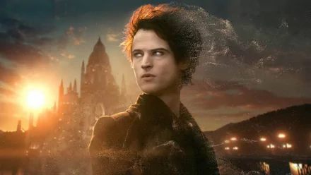 HD PC desktop wallpaper/background from the TV show The Sandman: brooding Dream gazes toward a sunset cityscape as sand-like mist swirls around him.
