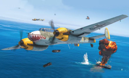 HD desktop wallpaper depicting a Luftwaffe Messerschmitt Bf 110 in flight, releasing bombs over the ocean with explosions and a clear blue sky backdrop.