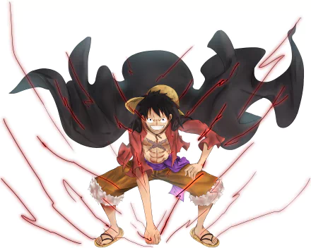 Monkey D. Luffy from One Piece, crouched with straw hat, open red coat and black haki aura, poised to strike — 5K Ultra HD PC desktop wallpaper/background.