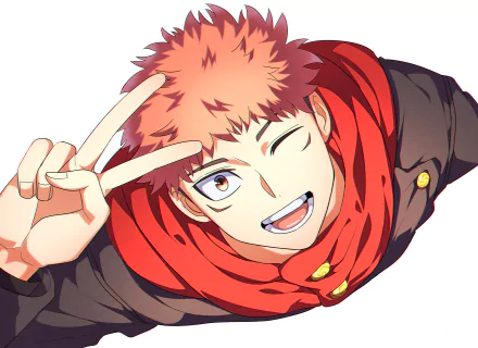 HD anime wallpaper featuring Yuji Itadori from Jujutsu Kaisen, smiling and making a peace sign with vibrant colors and detailed character art.