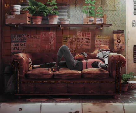 HD PC desktop wallpaper from the video game Stray, featuring a robotic character reclining on a worn leather sofa in an industrial, urban setting.