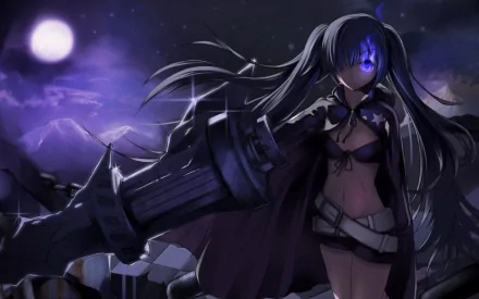 Anime-inspired HD wallpaper featuring Black Rock Shooter, showcasing a striking character in a dark, atmospheric setting with a large weapon and a luminous moon backdrop.