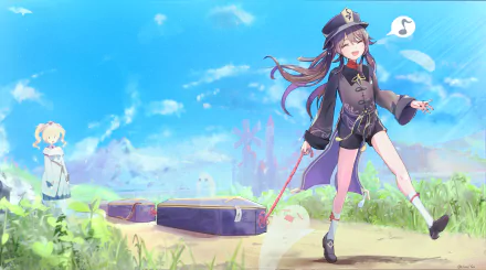 4K Ultra HD Genshin Impact wallpaper featuring Hu Tao smiling and pulling a suitcase, with Barbara standing in the background under a bright blue sky.