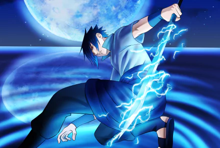 Sasuke Uchiha from Naruto unleashing lightning under a glowing full moon in this vibrant 4K Ultra HD anime desktop wallpaper.