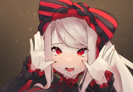 HD PC desktop wallpaper of Shalltear Bloodfallen (Overlord): close-up anime portrait with pale hair, red eyes, striped bow and gothic frilled outfit.