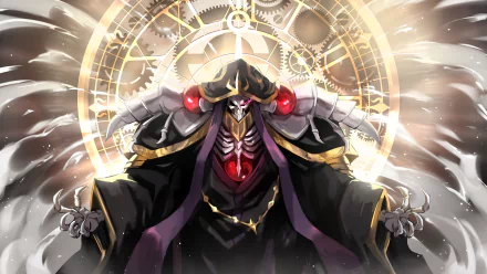 Ainz Ooal Gown from Overlord stands powerfully against a glowing, intricate clockwork background in this 4K Ultra HD anime desktop wallpaper.