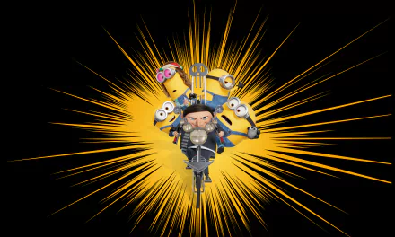 Minions: The Rise of Gru 8K Ultra HD PC desktop wallpaper - Gru riding a motorcycle with Minions clustered behind him against a yellow starburst on black.