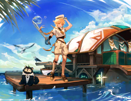 Aether from Genshin Impact stands on a dock under a bright blue sky with seagulls, near a boat and a small black cat wearing a sailor hat, in this HD PC desktop wallpaper.