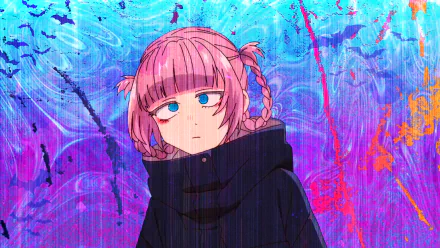 A vibrant HD wallpaper featuring Nazuna Nanakusa from the anime Call of the Night, showcasing her with pink hair against a colorful, abstract background.