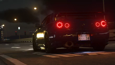 Night rear view of a Nismo Nissan Skyline R34 in Assetto Corsa, HD PC desktop wallpaper style with glowing circular taillights and wet road reflections.