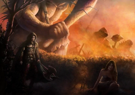 Fantasy giant HD PC desktop wallpaper/background: a colossal titan looms over armed figures in a smoky sunset landscape, oversized mushrooms dotting the distant horizon.