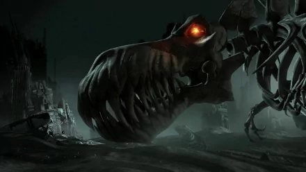 Dragon Hunters movie HD PC desktop wallpaper: a giant skeletal dragon head with a glowing red eye looming over a ruined, foggy landscape.