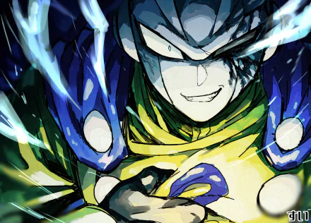 Anime HD PC desktop wallpaper/background - Dragon Ball Super: Super Hero character in a yellow suit, grinning fiercely as blue energy arcs swirl around them.