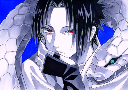 HD PC desktop wallpaper featuring Sasuke Uchiha from the anime Naruto, showcasing his intense red eyes and a white snake coiled around him against a blue background.