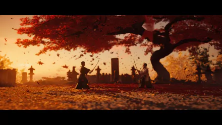 4K Ultra HD PC desktop wallpaper from the video game Ghost of Tsushima, depicting samurai beneath vibrant red autumn leaves in a serene, sunset-lit setting.