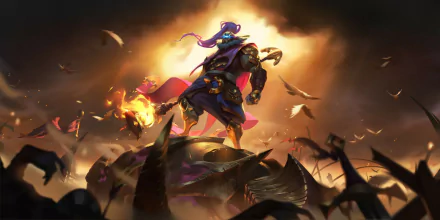 Jax (League of Legends) from Legends of Runeterra, video game hero stands atop a scorched battlefield with raised lamppost amid flames — HD PC desktop wallpaper/background