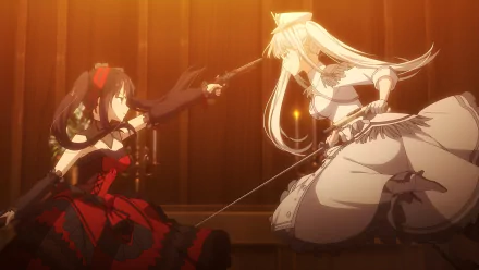8K Ultra HD anime desktop wallpaper featuring White Queen and Kurumi Tokisaki from Date A Live and Date A Bullet in a dramatic sword duel.