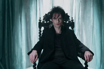 HD PC desktop wallpaper/background from TV show The Sandman: a brooding dark-clad figure seated on an ornate throne, framed by pale, translucent curtains.