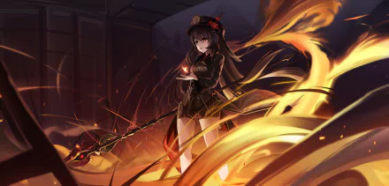 4K Ultra HD PC desktop wallpaper featuring Hu Tao from Genshin Impact, surrounded by fiery, dynamic effects in a dark, atmospheric setting.