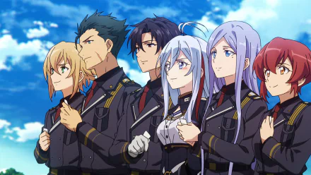 A vibrant HD wallpaper featuring Raiden Shuga, Anju Emma, Kurena Kukumila, Shinei Nouzen, and Vladilena Milizé from the anime Eighty Six, standing together against a bright sky.