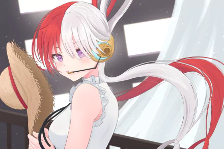 HD PC desktop wallpaper of Uta (One Piece) — anime portrait with red-and-white hair, gold headset and bunny ears, glancing over her shoulder against bright stage lights.