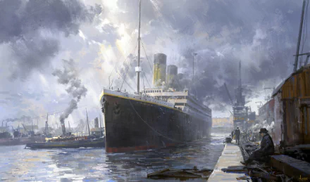 HD PC desktop wallpaper background of the vehicle Titanic—an ocean liner docked at a foggy industrial harbor, tugs and crew on the pier under a dramatic cloudy sky.