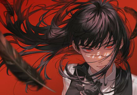 HD anime wallpaper featuring Asa Mitaka from Chainsaw Man with intense red eyes and flowing black hair against a vivid red background, embodying the War Devil theme.