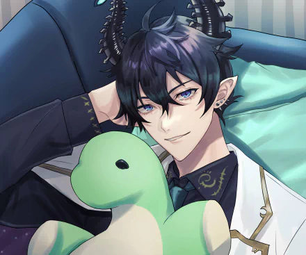 HD PC wallpaper of Nijisanji Virtual YouTuber Ren Zotto — anime-style portrait of a dark-haired, blue-eyed, elf-eared character holding a green dinosaur plush.