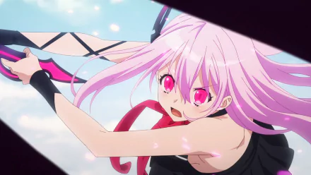 HD PC desktop wallpaper featuring Kisara from the anime Engage Kiss, showcasing her dynamic pose and vibrant pink hair against a bright sky background.