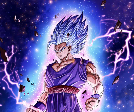 HD PC desktop wallpaper featuring Gohan Beast from Dragon Ball Super: Super Hero, depicted in intense anime style with glowing blue hair and electrifying energy.