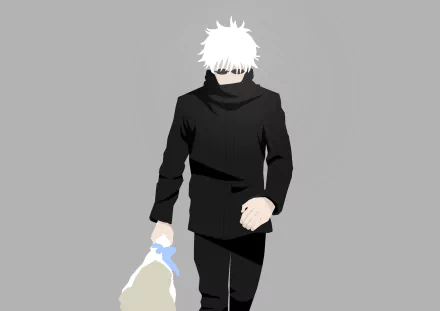 Minimalist 2K Quad HD anime desktop wallpaper of Satoru Gojo: white-haired male in sunglasses and black outfit walking on a gray background (Jujutsu Kaisen).