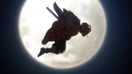 HD anime wallpaper of Zenitsu Agatsuma from Demon Slayer: Kimetsu no Yaiba, silhouetted mid-air against a glowing full moon on a PC desktop background.