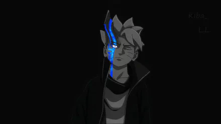 HD PC desktop wallpaper of Boruto Uzumaki in anime style: half his face split to reveal glowing blue cybernetic markings against a dark, moody background.