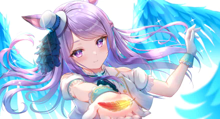 HD PC wallpaper of Mejiro McQueen (Uma Musume: Pretty Derby): lavender-haired anime girl in frilled costume reaching out, offering a glowing feather with blue wing-like energy behind her