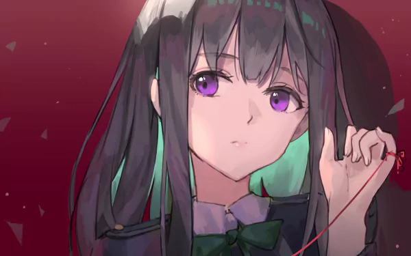 Takina Inoue from Lycoris Recoil — anime portrait: purple-eyed girl with long dark hair and green streaks holding a red thread; 2K Quad HD PC desktop wallpaper/background.