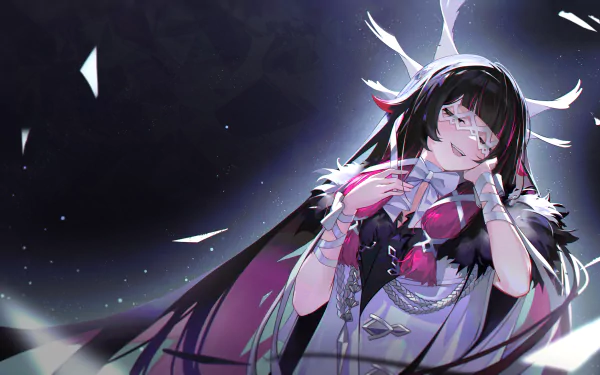 Columbina from Genshin Impact in a detailed 4K Ultra HD PC desktop wallpaper with dark, ethereal tones and floating feathers.