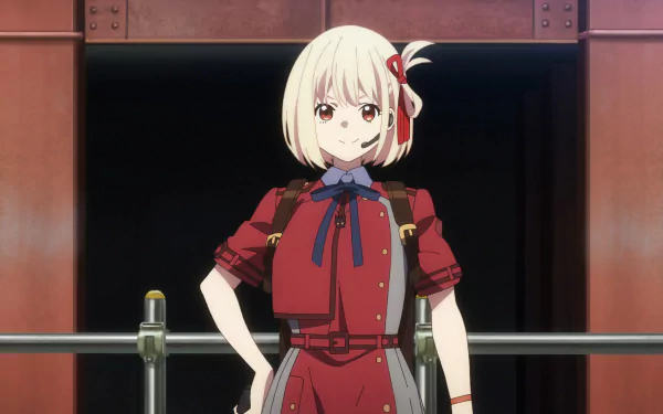 Chisato Nishikigi from Lycoris Recoil stands confidently in a detailed 4K Ultra HD anime desktop wallpaper background.