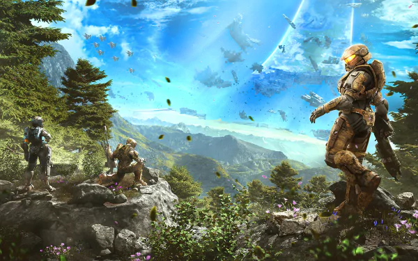 4K Ultra HD PC desktop wallpaper showing Halo video game: armored Spartans on a rocky forest ridge, ships overhead and a luminous ringworld arching across a bright blue sky.